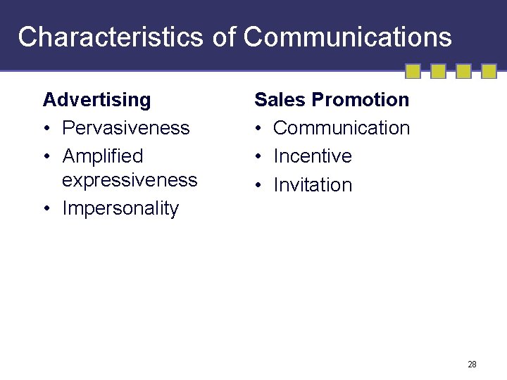 Characteristics of Communications Advertising • Pervasiveness • Amplified expressiveness • Impersonality Sales Promotion • Characteristics of Communications Advertising • Pervasiveness • Amplified expressiveness • Impersonality Sales Promotion •