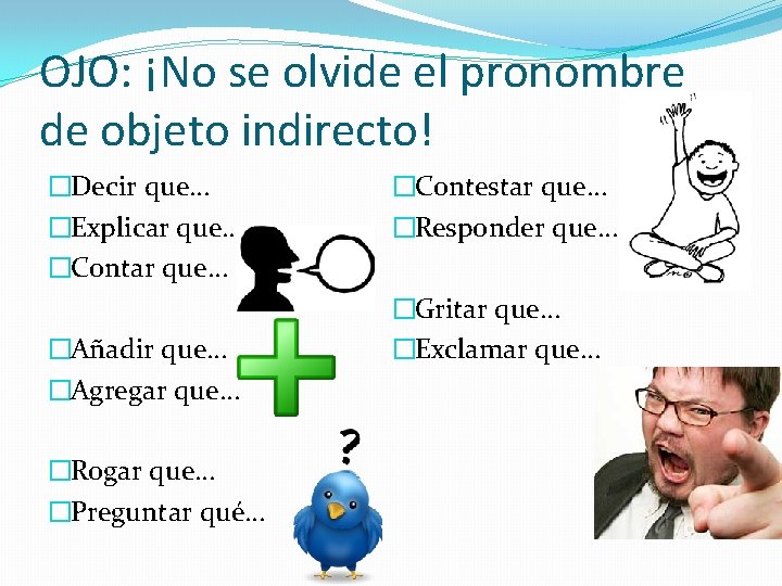 OJO: ¡No se olvide el pronombre de objeto indirecto! �Decir que… �Explicar que… �Contar