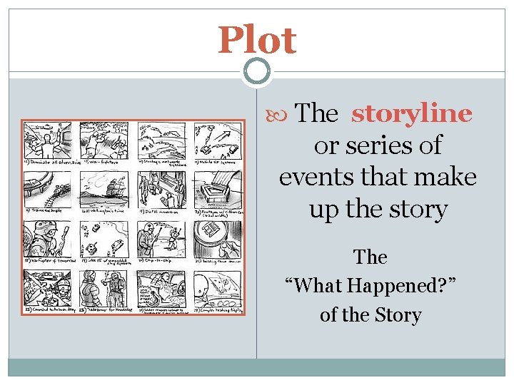 Plot The storyline or series of events that make up the story The “What