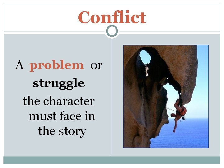 Conflict A problem or struggle the character must face in the story 