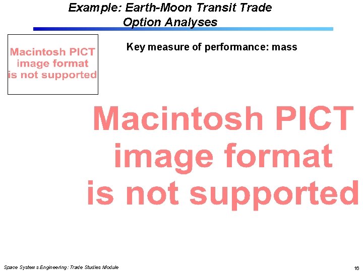 Example: Earth-Moon Transit Trade Option Analyses Key measure of performance: mass Space Systems Engineering: