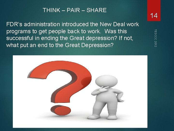 THINK – PAIR – SHARE TESCCC 2012 FDR’s administration introduced the New Deal work