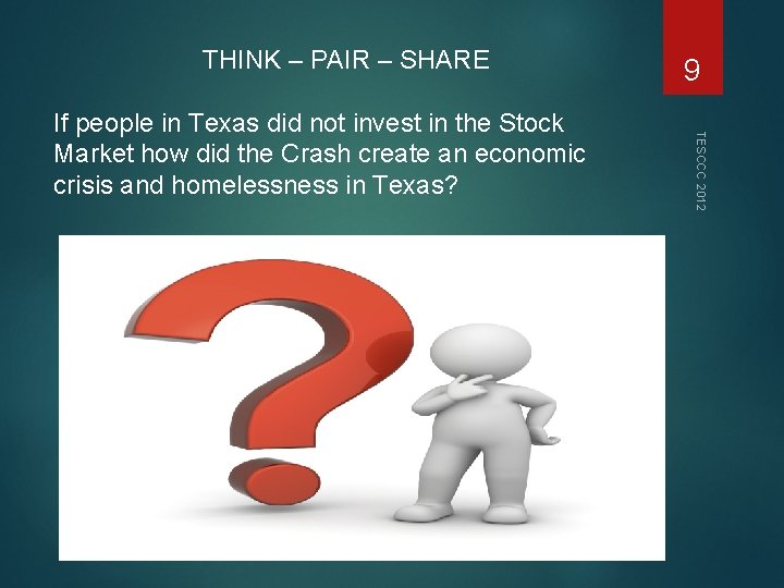 THINK – PAIR – SHARE TESCCC 2012 If people in Texas did not invest