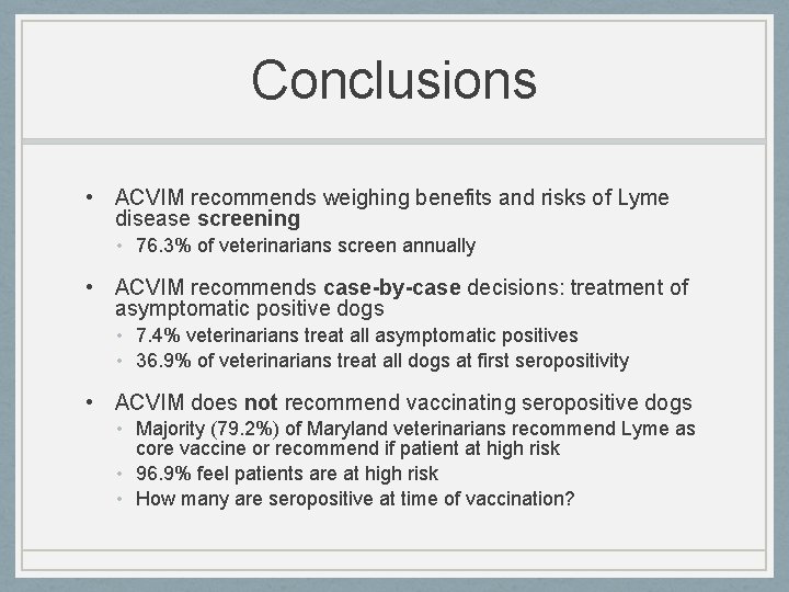 Conclusions • ACVIM recommends weighing benefits and risks of Lyme disease screening • 76.