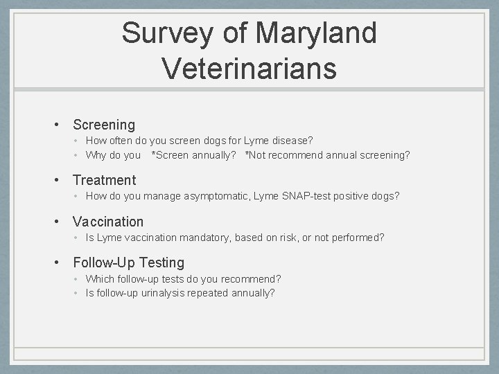 Survey of Maryland Veterinarians • Screening • How often do you screen dogs for
