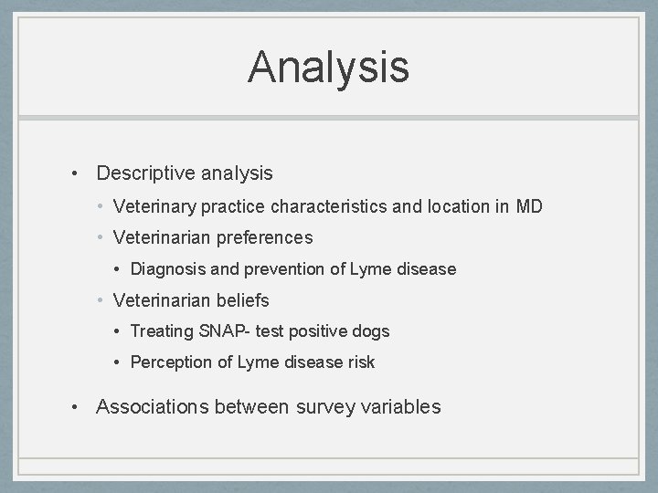 Analysis • Descriptive analysis • Veterinary practice characteristics and location in MD • Veterinarian