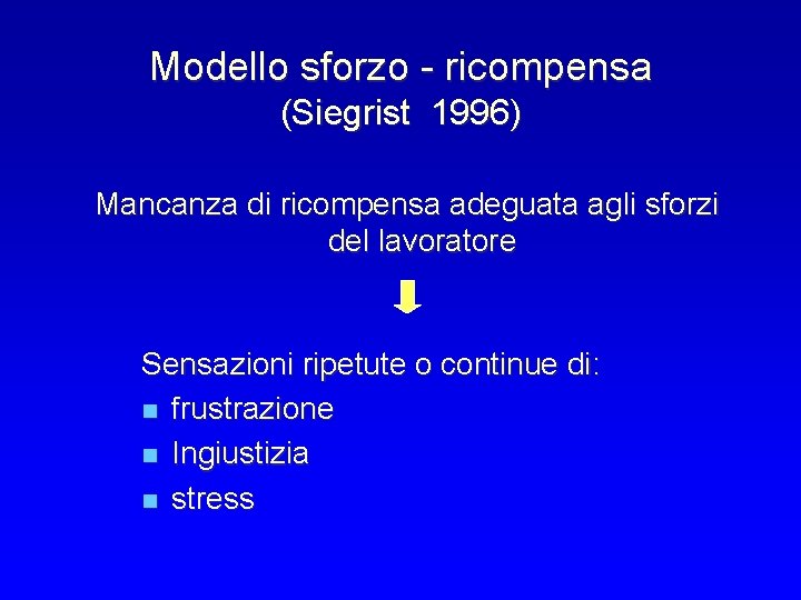 Modello sforzo - ricompensa (Siegrist 1996) Mancanza di ricompensa adeguata agli sforzi del lavoratore