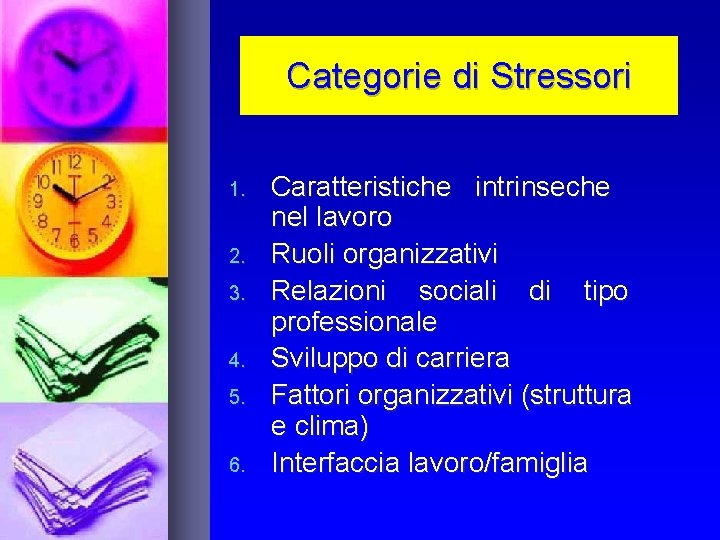 Categorie di Stressori 1. 2. 3. 4. 5. 6. Caratteristiche intrinseche nel lavoro Ruoli