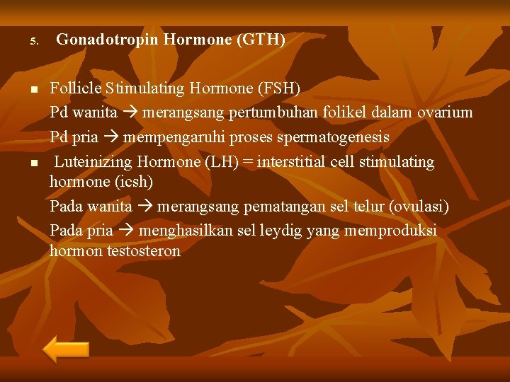5. n n Gonadotropin Hormone (GTH) Follicle Stimulating Hormone (FSH) Pd wanita merangsang pertumbuhan
