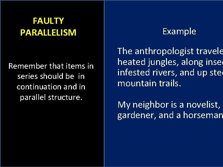 FAULTY PARALLELISM Remember that items in series should be in continuation and in parallel