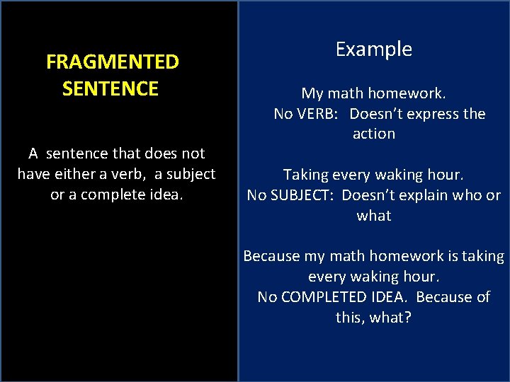 FRAGMENTED SENTENCE A sentence that does not have either a verb, a subject or