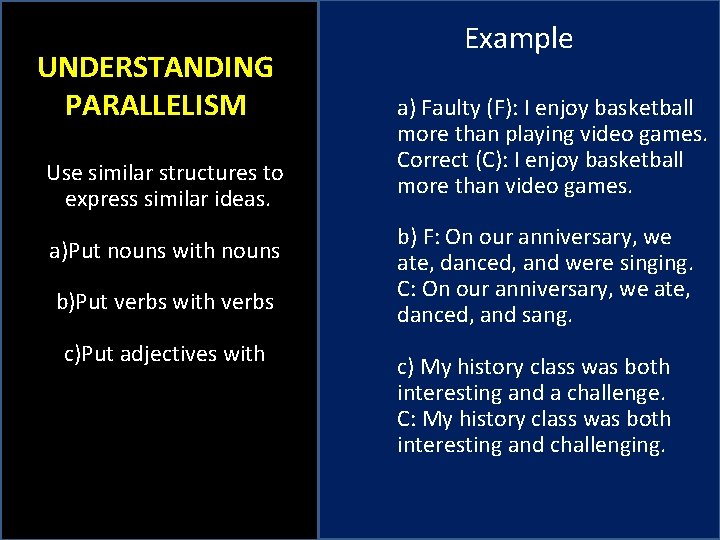 UNDERSTANDING PARALLELISM Use similar structures to express similar ideas. a)Put nouns with nouns b)Put