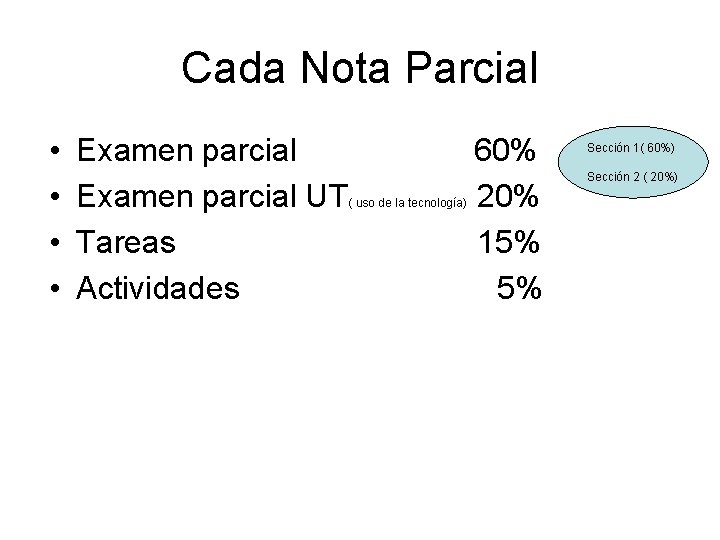 Cada Nota Parcial • • Examen parcial 60% Examen parcial UT 20% Tareas 15%
