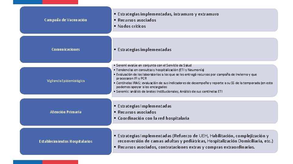 Campaña de Vacunación Comunicaciones Vigilancia Epidemiológica Atención Primaria Establecimientos Hospitalarios • Estrategias implementadas, intramuro