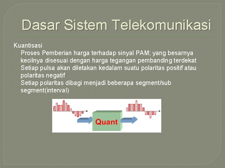 Dasar Sistem Telekomunikasi Kuantisasi � Proses Pemberian harga terhadap sinyal PAM; yang besarnya kecilnya