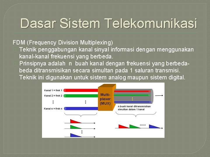 Dasar Sistem Telekomunikasi FDM (Frequency Division Multiplexing) � Teknik penggabungan kanal sinyal informasi dengan