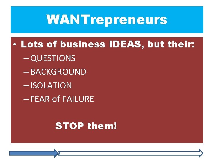 WANTrepreneurs • Lots of business IDEAS, but their: – QUESTIONS – BACKGROUND – ISOLATION