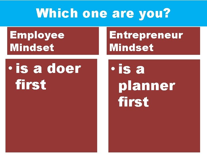 Which one are you? Employee Mindset Entrepreneur Mindset • is a doer first •