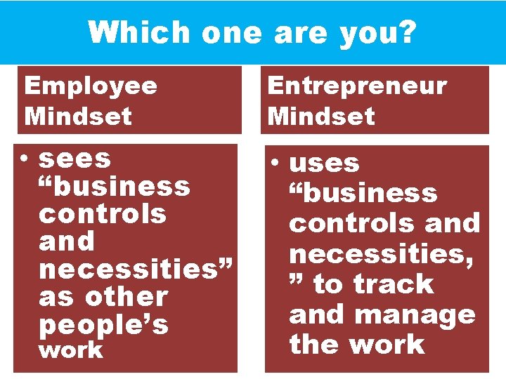 Which one are you? Employee Mindset Entrepreneur Mindset • sees “business controls and necessities”