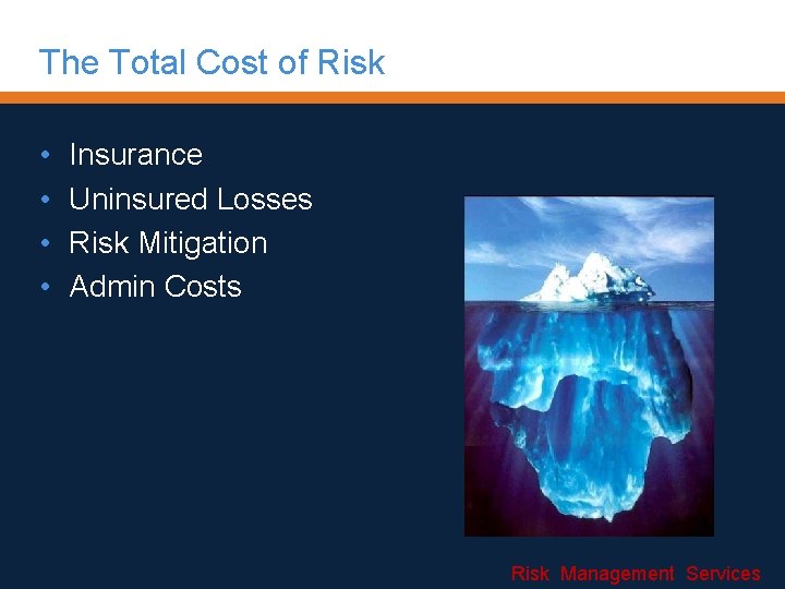 The Total Cost of Risk • • Insurance Uninsured Losses Risk Mitigation Admin Costs