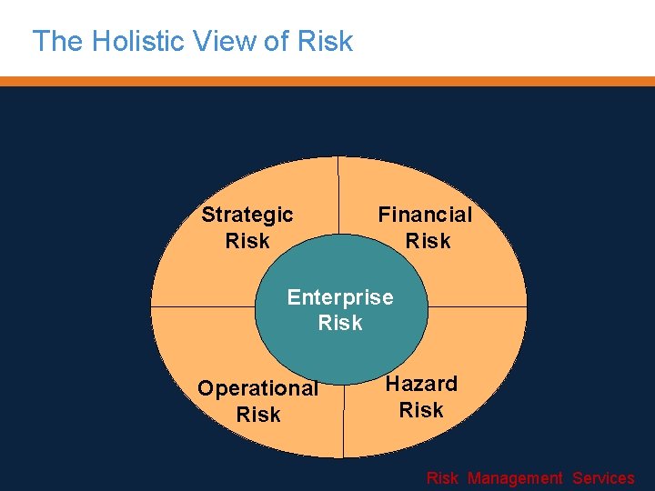 The Holistic View of Risk Strategic Risk Financial Risk Enterprise Risk Operational Risk Hazard