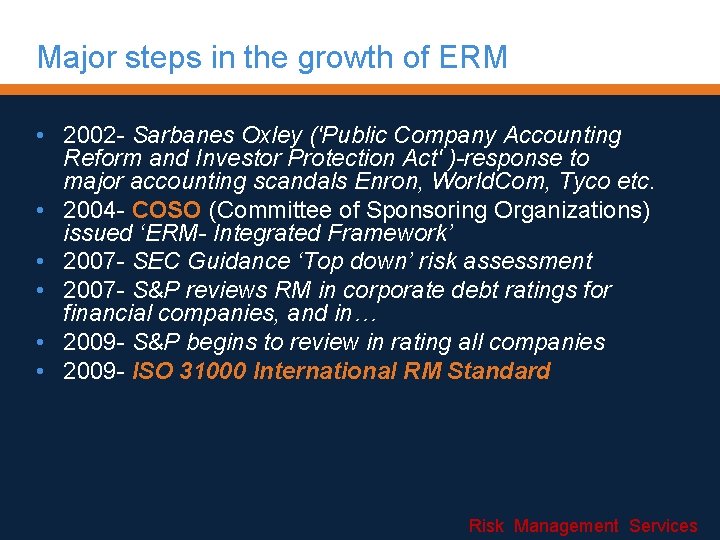 Major steps in the growth of ERM • 2002 - Sarbanes Oxley ('Public Company