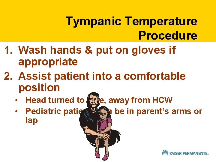 Tympanic Temperature Procedure 1. Wash hands & put on gloves if appropriate 2. Assist Tympanic Temperature Procedure 1. Wash hands & put on gloves if appropriate 2. Assist