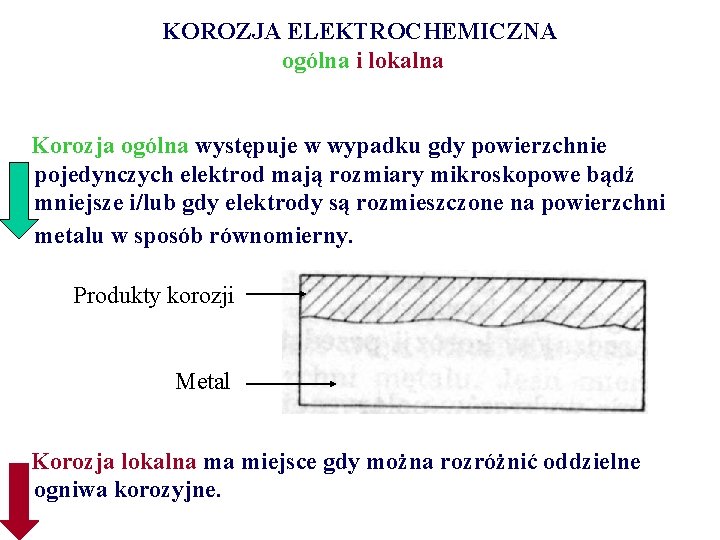 KOROZJA ELEKTROCHEMICZNA ogólna i lokalna Korozja ogólna występuje w wypadku gdy powierzchnie pojedynczych elektrod