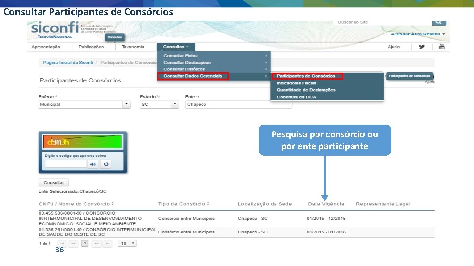 Consultar Participantes de Consórcios Pesquisa por consórcio ou por ente participante 36 