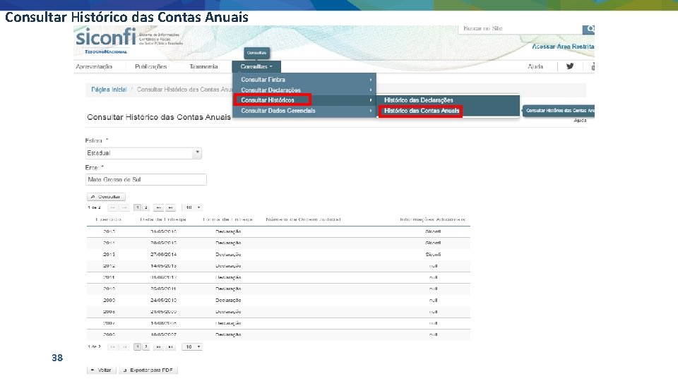 Consultar Histórico das Contas Anuais 38 