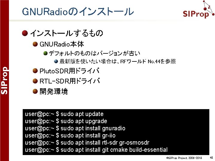GNURadioのインストールするもの GNURadio本体 デフォルトのものはバージョンが古い 最新版を使いたい場合は、RFワールド No. 44を参照 Pluto. SDR用ドライバ RTL-SDR用ドライバ 開発環境 user@pc: ~ $ sudo