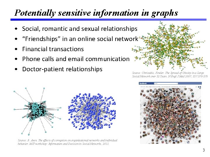 Potentially sensitive information in graphs • • • Social, romantic and sexual relationships “Friendships”