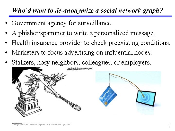 Who’d want to de-anonymize a social network graph? • • • Government agency for