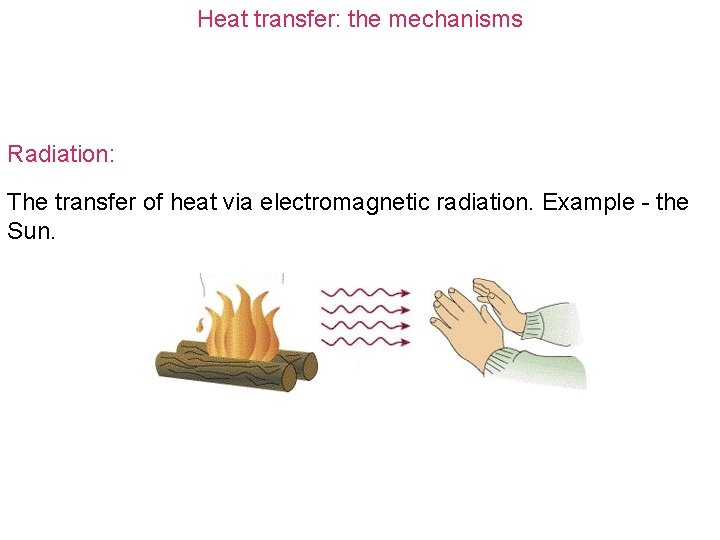 Heat transfer: the mechanisms Radiation: The transfer of heat via electromagnetic radiation. Example -