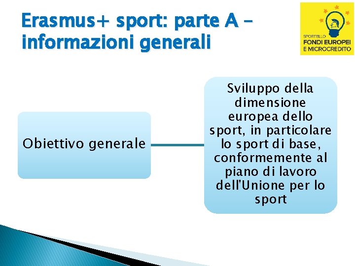 Erasmus+ sport: parte A – informazioni generali Obiettivo generale Sviluppo della dimensione europea dello