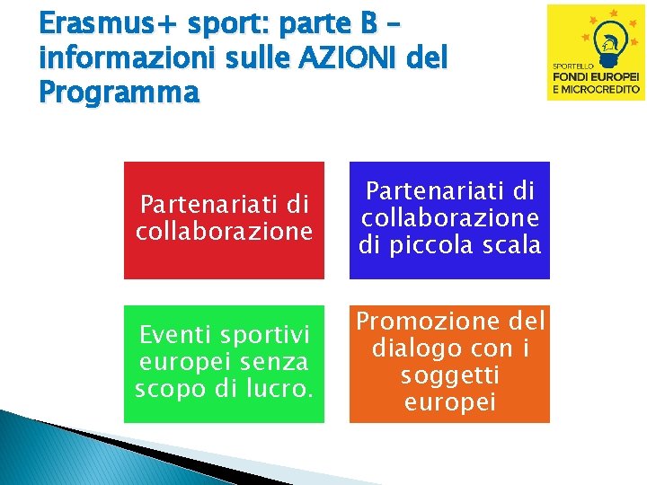 Erasmus+ sport: parte B – informazioni sulle AZIONI del Programma Partenariati di collaborazione di