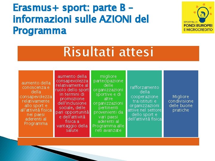 Erasmus+ sport: parte B – informazioni sulle AZIONI del Programma Risultati attesi aumento della