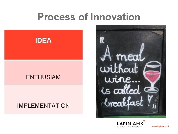 Process of Innovation IDEA ENTHUSIAM IMPLEMENTATION www. lapinamk. fi 