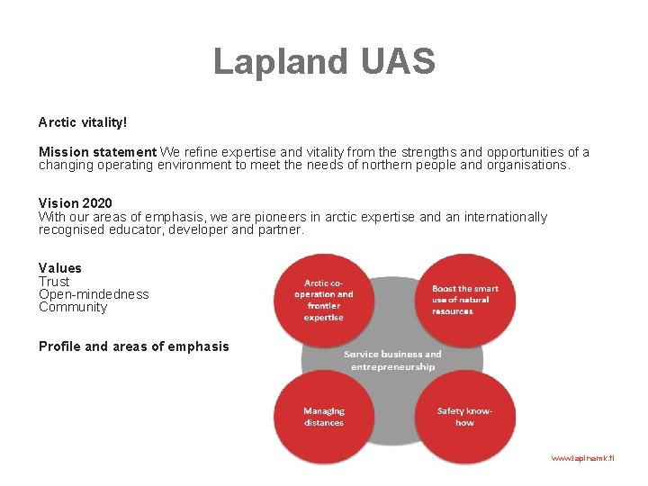 Lapland UAS Arctic vitality! Mission statement We refine expertise and vitality from the strengths