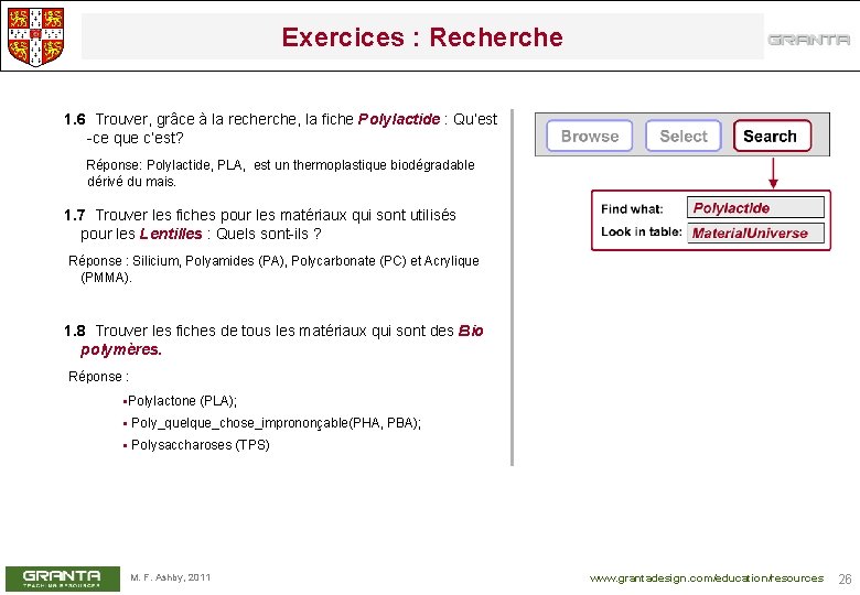 Exercices : Recherche 1. 6 Trouver, grâce à la recherche, la fiche Polylactide :