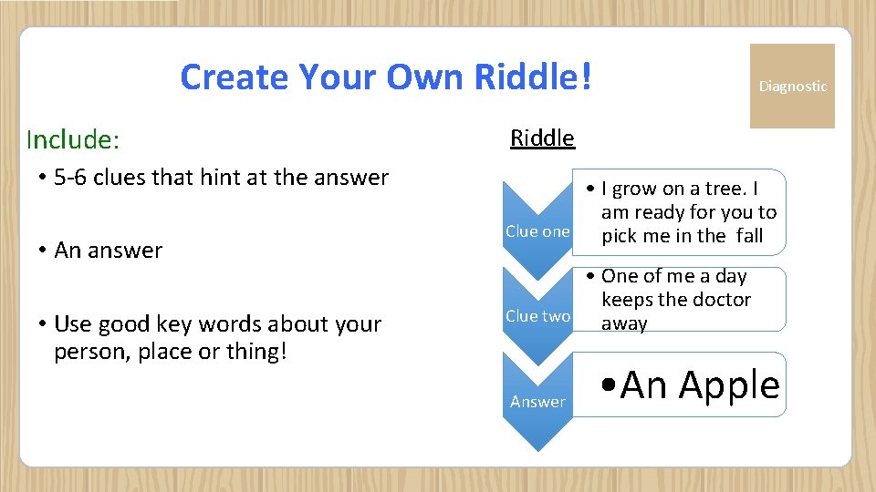 Create Your Own Riddle! Include: • 5 -6 clues that hint at the answer