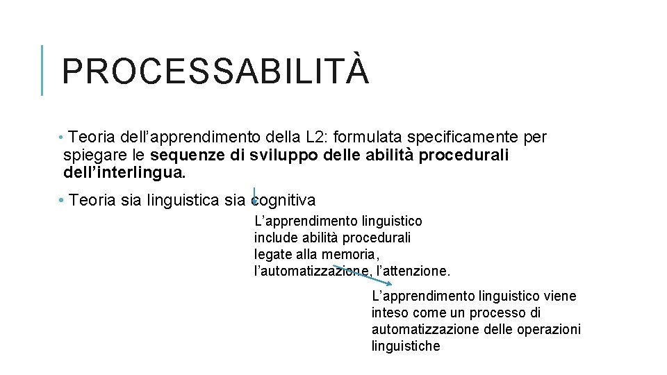 PROCESSABILITÀ • Teoria dell’apprendimento della L 2: formulata specificamente per spiegare le sequenze di