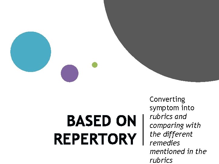 BASED ON REPERTORY Converting symptom into rubrics and comparing with the different remedies mentioned
