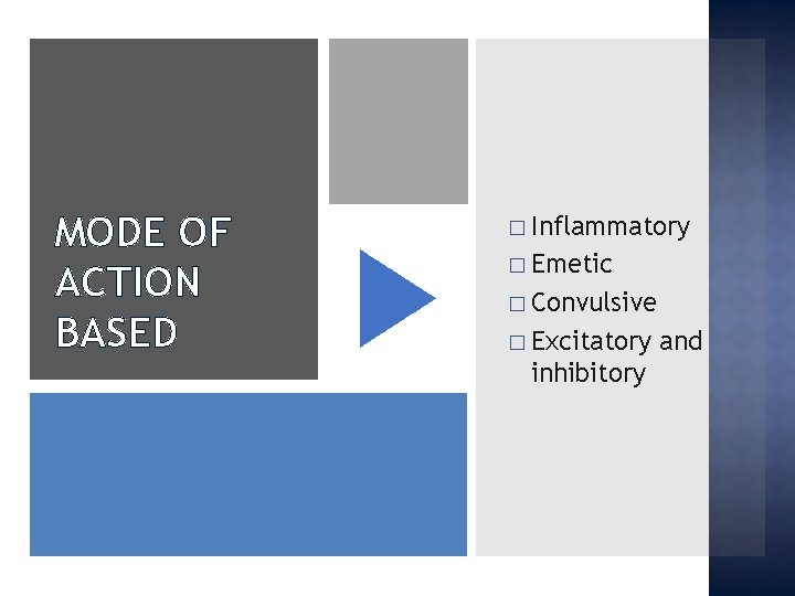 MODE OF ACTION BASED � Inflammatory � Emetic � Convulsive � Excitatory inhibitory and