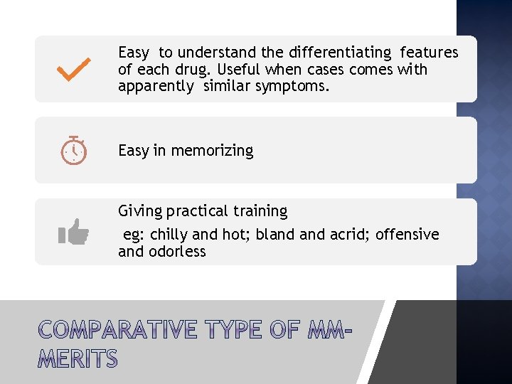 Easy to understand the differentiating features of each drug. Useful when cases comes with