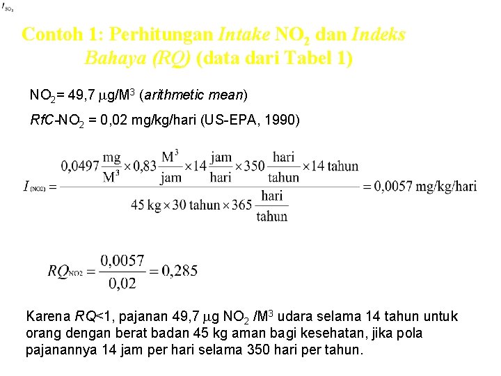 Contoh 1: Perhitungan Intake NO 2 dan Indeks Bahaya (RQ) (data dari Tabel 1)
