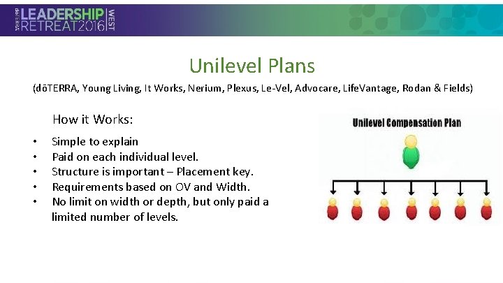Unilevel Plans (dōTERRA, Young Living, It Works, Nerium, Plexus, Le-Vel, Advocare, Life. Vantage, Rodan
