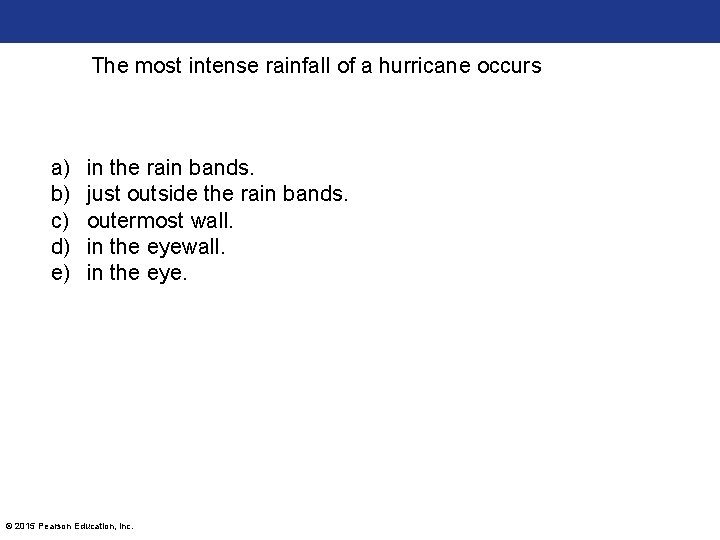 The most intense rainfall of a hurricane occurs a) b) c) d) e) in