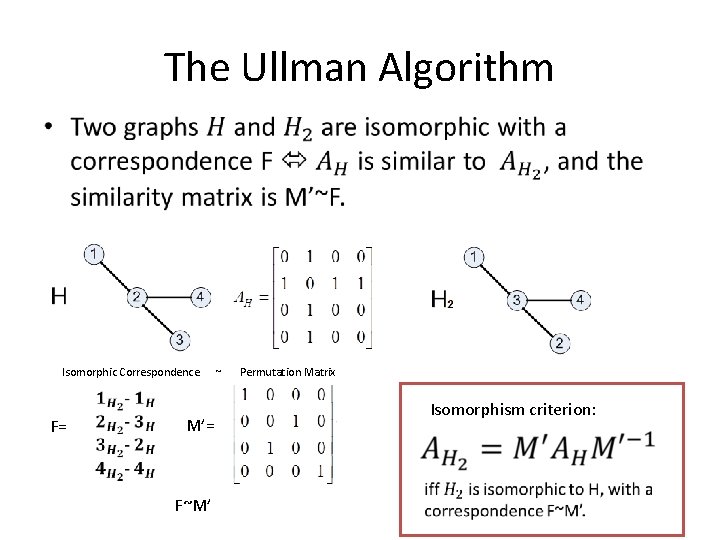 The Ullman Algorithm • Isomorphic Correspondence F= M’= F~M’ ~ Permutation Matrix Isomorphism criterion: