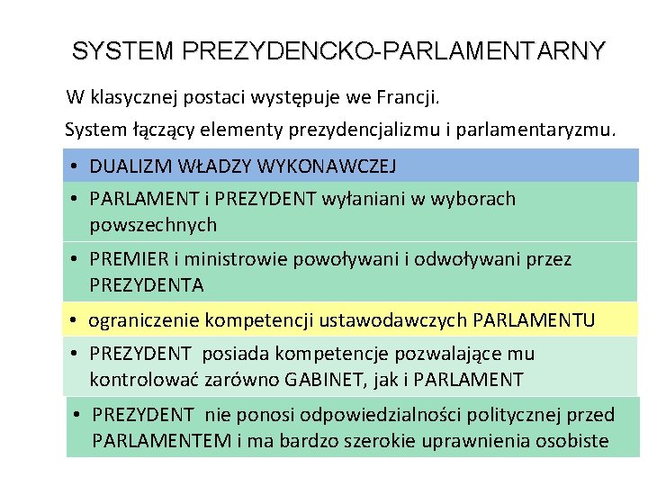 SYSTEM PREZYDENCKO-PARLAMENTARNY W klasycznej postaci występuje we Francji. System łączący elementy prezydencjalizmu i parlamentaryzmu.